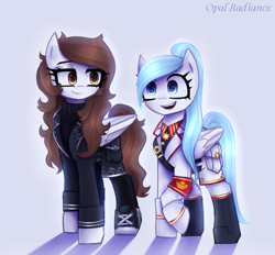 Size: 2520x2337 | Tagged: safe, artist:opal_radiance, imported from derpibooru, oc, oc only, oc:melancholy, oc:opal rosamond, pegasus, pony, black, boots, clothes, duo, duo female, eaw, eyebrows, female, folded wings, high res, mare, military, open mouth, open smile, pax solaris, pegasus oc, raised hoof, shadow, shoes, signature, simple background, smiling, solarism, solarist, uniform, white, white background, wings