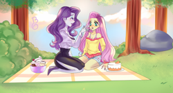 Size: 1216x657 | Tagged: safe, artist:blackcatnyaa, imported from derpibooru, fluttershy, rarity, equestria girls, cake, commission, date, duo, duo female, female, flarity, food, ice cream, kneeling, lesbian, picnic, picnic blanket, shipping