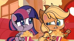 Size: 800x448 | Tagged: safe, imported from derpibooru, screencap, applejack, twilight sparkle, alicorn, earth pony, pony, director spike's mockumentary, my little pony: pony life, couch, door, food, popcorn