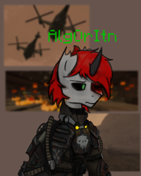 Size: 1800x2250 | Tagged: safe, artist:ashel_aras, imported from derpibooru, oc, oc only, pony, unicorn, armor, armored pony, blood, fallout, pictures, simple background, solo, stalcraft