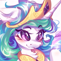 Size: 2048x2048 | Tagged: safe, artist:vanilla-chan, imported from derpibooru, princess celestia, alicorn, pony, chest fluff, crown, cute, cutelestia, ear fluff, female, high res, jewelry, mare, regalia, smiling, solo, sparkles