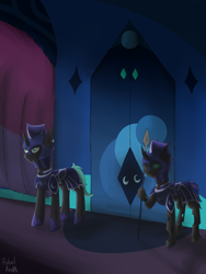 Size: 3375x4500 | Tagged: safe, artist:ashel_aras, imported from derpibooru, oc, oc only, bat pony, changeling, pony, changeling oc, duo, guard, guards, moonlight, night, spear, weapon