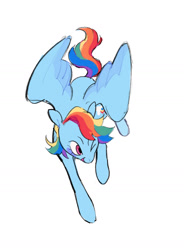 Size: 1048x1423 | Tagged: safe, artist:peachybats, imported from derpibooru, rainbow dash, pegasus, pony, eyebrows, female, flying, mare, one eye closed, open mouth, open smile, simple background, smiling, solo, spread wings, white background, wings