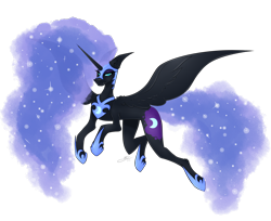 Size: 1700x1390 | Tagged: safe, artist:via2211, imported from derpibooru, nightmare moon, alicorn, pony, blue eyes, blue mane, blue tail, digital art, ethereal mane, ethereal tail, eyelashes, eyeshadow, fangs, female, flowing mane, flowing tail, flying, helmet, hoof shoes, horn, long horn, looking at you, makeup, mare, peytral, simple background, smiling, smiling at you, solo, spread wings, starry mane, starry tail, tail, transparent background, wings