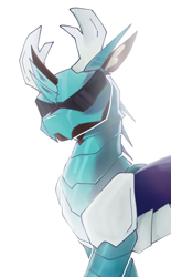 Size: 620x1000 | Tagged: safe, artist:paintedsnek, imported from derpibooru, oc, oc only, changedling, changeling, fanfic:the side character is a deer, antlers, armor, fanfic art, menacing, solo