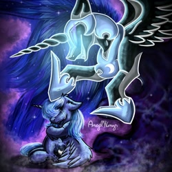 Size: 1280x1280 | Tagged: safe, artist:angelwingsmlpfim, imported from derpibooru, nightmare moon, princess luna, alicorn, pony, abstract background, blank eyes, blue mane, colored pupils, crying, digital art, ethereal mane, evil grin, eyelashes, eyes closed, fangs, feather, female, flowing mane, folded wings, glow, grin, helmet, hoof shoes, horn, mare, night, nightmare, open mouth, peytral, sad, signature, sitting, smiling, solo, sparkles, spread wings, starry mane, stars, teeth, wings