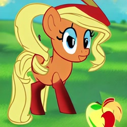 Size: 512x512 | Tagged: safe, imported from derpibooru, applejack, earth pony, pony, apple, coat markings, female, food, fruit, machine learning generated, socks (coat markings), solo, stable diffusion