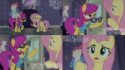 Size: 2000x1125 | Tagged: safe, edit, edited screencap, editor:quoterific, imported from derpibooru, screencap, fluttershy, pursey pink, earth pony, pegasus, pony, fake it 'til you make it, duo, duo female, female, floppy ears, mare