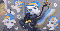 Size: 3468x1812 | Tagged: safe, artist:trickate, imported from derpibooru, oc, oc only, oc:alan techard, pegasus, pony, baby, baby pony, clothes, death stranding, heterochromia, question mark, speech bubble, spread wings, wings