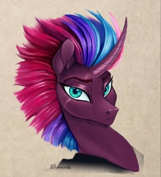 Size: 984x1080 | Tagged: safe, artist:anoraknr, imported from derpibooru, oc, oc:cmdrtempest, pony, unicorn, alternate universe, bust, looking at you, portrait, redesign, simple background