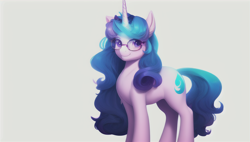 Size: 960x544 | Tagged: safe, imported from derpibooru, izzy moonbow, pony, unicorn, female, g5, glasses, looking at you, machine learning assisted, machine learning generated, mare, my little pony: a new generation, simple background, smiling, solo, white background, wrong cutie mark