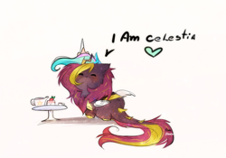 Size: 1533x1076 | Tagged: safe, artist:krissstudios, imported from derpibooru, princess celestia, oc, oc only, oc:joshua, kirin, blushing, c:, cake, cheek fluff, chest fluff, chibi, clothes, cosplay, costume, cup, cute, dialogue, ear fluff, eyes closed, fake wings, fluffy, food, heart, leonine tail, male, neck fluff, ocbetes, raised hoof, simple background, smiling, smol, solo, table, tail, teacup, teapot, white background, wig