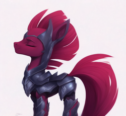 Size: 832x768 | Tagged: safe, imported from derpibooru, tempest shadow, pony, unicorn, armor, concave belly, eyes closed, female, machine learning generated, mare, simple background, solo, white background