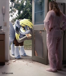 Size: 1080x1238 | Tagged: safe, artist:anoraknr, imported from derpibooru, derpy hooves, human, pegasus, pony, duo, duo female, envelope, female, irl, mail, mailmare, mare, mouth hold, photo, ponies in real life, property damage