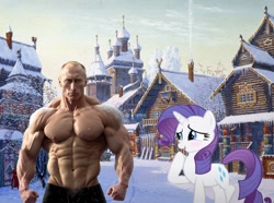 Size: 1118x832 | Tagged: safe, imported from ponybooru, rarity, human, unicorn, blushing, clothes, female, human male, male, mare, muscles, muscular male, partial nudity, slavic, topless, vladimir putin