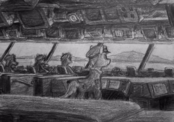 Size: 3666x2583 | Tagged: safe, artist:eggmusubi, derpibooru exclusive, imported from derpibooru, earth pony, pony, chair, clothes, grayscale, hat, monitor, monochrome, ocean, pencil drawing, traditional art, uniform, water, window