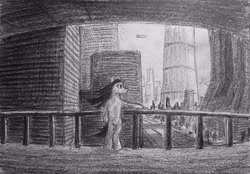 Size: 3612x2521 | Tagged: safe, artist:eggmusubi, derpibooru exclusive, imported from derpibooru, earth pony, pony, semi-anthro, airship, building, city, cityscape, female, railing, road, tower