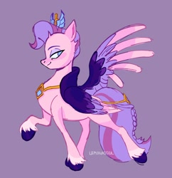 Size: 1746x1801 | Tagged: safe, artist:lemonadierpixel, imported from derpibooru, queen haven, pegasus, pony, colored wings, g5, jewelry, multicolored wings, my little pony: a new generation, raised hoof, regalia, side view, unshorn fetlocks, wings