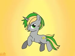 Size: 2048x1536 | Tagged: safe, artist:polak23, imported from derpibooru, oc, oc only, oc:emerald star, pony, unicorn, art trade, cute, gradient background, jumping, simple background, solo, yellow background