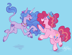 Size: 1680x1280 | Tagged: safe, artist:heebiejeebies, imported from derpibooru, izzy moonbow, pinkie pie, earth pony, pony, unicorn, blue background, bow, bracelet, female, friendship bracelet, g5, hair bow, izzy and her heroine, izzypie, jewelry, lesbian, necklace, prancing, shipping, simple background