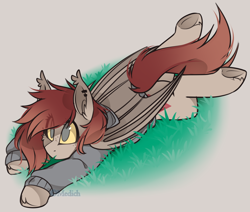 Size: 1892x1605 | Tagged: safe, artist:mediasmile666, imported from derpibooru, oc, oc only, bat pony, pony, clothes, ear piercing, earring, grass, hoodie, jewelry, lying down, no pupils, piercing, prone, solo, underhoof