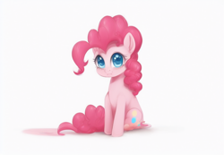 Size: 832x576 | Tagged: safe, imported from derpibooru, pinkie pie, earth pony, pony, female, machine learning assisted, machine learning generated, sad, simple background, sitting, solo, white background