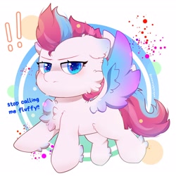 Size: 3100x3100 | Tagged: safe, artist:cannyginger12, imported from derpibooru, zipp storm, pegasus, pony, adorazipp, angry, cheek fluff, chest fluff, cute, exclamation point, female, fluffy, g5, looking at you, madorable, mare, simple background, solo, spread wings, unamused, wings, zipp storm is not amused