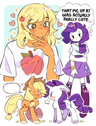 Size: 1536x2014 | Tagged: safe, artist:sharpycharot, imported from derpibooru, applejack, rarity, earth pony, pony, unicorn, equestria girls, blushing, bracelet, duo, duo female, female, jewelry, lesbian, mare, rarijack, shipping, speech bubble