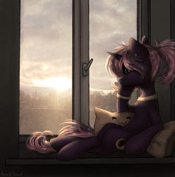 Size: 1733x1749 | Tagged: safe, artist:avrameow, imported from derpibooru, oc, oc only, oc:tenebris flux, pony, unicorn, ear piercing, earring, horn, jewelry, leg rings, looking out the window, no source available, piercing, pillow, ponytail, real life background, solo, unicorn oc, window