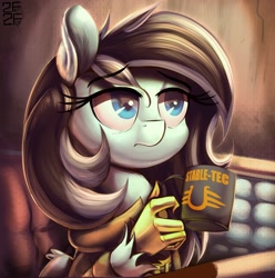 Size: 1985x2000 | Tagged: safe, artist:to_fat_to_fly, imported from derpibooru, oc, oc only, oc:harmonic glow, hippogriff, fallout equestria, clothes, coffee mug, commission, ear fluff, female, mug, solo, stable-tec