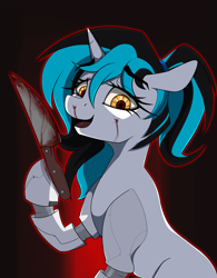 Size: 2731x3500 | Tagged: safe, imported from derpibooru, oc, oc:flawless ice, cyborg, pony, unicorn, blood, commission, knife, solo, yandere, ych result