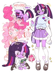 Size: 1536x2008 | Tagged: safe, artist:sharpycharot, imported from derpibooru, pinkie pie, twilight sparkle, earth pony, human, pony, unicorn, clothes, duo, duo female, female, glasses, horn, horned humanization, humanized, pleated skirt, side ponytail, skirt, socks, speech bubble, unicorn twilight