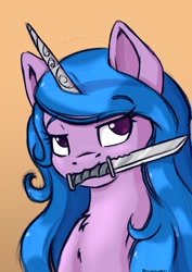 Size: 2480x3508 | Tagged: safe, artist:db, imported from derpibooru, izzy moonbow, pony, unicorn, g5, knife, mouth hold, solo