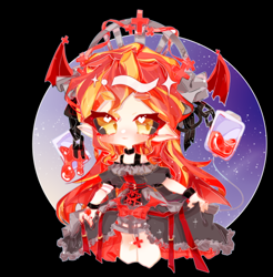 Size: 558x566 | Tagged: safe, artist:子轩敲可耐呀, imported from derpibooru, sunset shimmer, human, undead, vampire, black background, blood bag, blushing, chibi, clothes, costume, elf ears, female, goth, humanized, simple background, solo, vampire shimmer