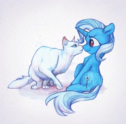 Size: 1648x1620 | Tagged: safe, artist:jewellier, imported from derpibooru, trixie, cat, pony, unicorn, boop, looking at each other, looking at someone, noseboop, simple background, tiny, tiny ponies