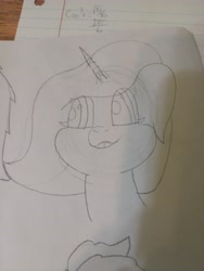 Size: 3456x4608 | Tagged: safe, artist:acid flask, imported from derpibooru, dark moon, graphite, princess celestia, 2d, female, filly, floppy ears, foal, happy, looking to the left, paper, sketch, sketchbook, traditional art