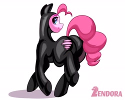 Size: 2048x1638 | Tagged: safe, artist:zendora, imported from derpibooru, pinkie pie, earth pony, pony, balloonbutt, butt, catsuit, clothes, latex, latex suit, looking back, plot, raised hoof, simple background, solo, torn clothes, white background