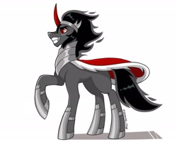 Size: 2048x1638 | Tagged: safe, artist:zendora, imported from derpibooru, king sombra, pony, umbrum, unicorn, antagonist, evil grin, eyebrows, grin, male, raised hoof, shadow, signature, simple background, smiling, solo, stallion, white background