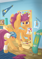 Size: 2480x3508 | Tagged: safe, artist:db, derpibooru exclusive, imported from derpibooru, apple bloom, mane allgood, rainbow dash, scootaloo, snap shutter, sweetie belle, pegasus, pony, alternate, bandaid, bandaid on nose, brush, cutie mark crusaders, diaper, diaper fetish, feather, fetish, hairbrush, mirror, pennant, photo, picture frame, pullup (diaper), reflection, skateboard, spread wings, sticker, underhoof, wings, wonderbolts, wrench