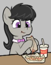 Size: 275x347 | Tagged: safe, artist:zippysqrl, imported from derpibooru, octavia melody, pony, aggie.io, bowtie, burrito, food, french fries, hoof hold, messy eating, milkshake, picture for breezies, simple background, solo