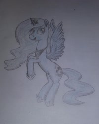 Size: 1804x2256 | Tagged: safe, artist:flammerfime, imported from derpibooru, princess luna, alicorn, pony, :p, cute, ethereal mane, ethereal tail, flying, lunabetes, mlem, silly, solo, tail, tongue out, traditional art