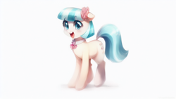 Size: 1024x576 | Tagged: safe, imported from derpibooru, coco pommel, earth pony, pony, female, machine learning assisted, machine learning generated, mare, open mouth, simple background, solo, white background