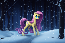 Size: 960x640 | Tagged: safe, imported from derpibooru, fluttershy, pegasus, pony, female, forest, machine learning assisted, machine learning generated, mare, snow, snowfall, solo