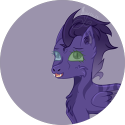 Size: 3002x3002 | Tagged: safe, artist:thecommandermiky, imported from derpibooru, oc, oc only, oc:miky command, cheetah, hybrid, pegasus, pony, chest fluff, circle background, digital art, ear fluff, fangs, looking at you, pegasus oc, purple background, simple background, smiling, smiling at you, solo, update, wings
