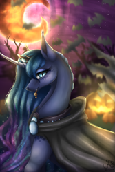 Size: 1000x1500 | Tagged: safe, artist:alissa1010, imported from derpibooru, princess luna, alicorn, bat, pony, blue eyes, blue mane, candy, cape, clothes, crepuscular rays, crescent moon, curved horn, cute, digital art, ethereal mane, eyelashes, eyeshadow, female, flowing mane, food, glow, halloween, holiday, horn, lidded eyes, looking at you, makeup, mare, moon, moonlight, night, nightmare night, pumpkin, smiling, smiling at you, solo, starry mane, stars