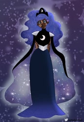 Size: 704x1024 | Tagged: safe, artist:indigohatetrain, imported from derpibooru, princess luna, human, alternate hairstyle, clothes, dark skin, dress, female, humanized, solo, vitiligo