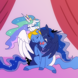 Size: 750x750 | Tagged: safe, artist:jitterbugjive, imported from derpibooru, perfect pace, princess celestia, princess luna, alicorn, pony, ask the master, crying, doctor who, female, hug, male, mare, stallion, the master, winghug, wings