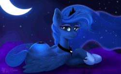 Size: 800x493 | Tagged: safe, artist:wildviolet-m, imported from derpibooru, princess luna, alicorn, pony, animated, blinking, blue eyes, blue mane, blue tail, crescent moon, crown, digital art, ethereal mane, ethereal tail, feather, female, folded wings, gif, hoof shoes, horn, jewelry, lidded eyes, looking at you, lying down, mare, moon, night, peytral, regalia, smiling, smiling at you, solo, sparkles, starry mane, starry tail, stars, tail, wings