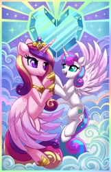 Size: 2650x4096 | Tagged: safe, artist:confetticakez, imported from derpibooru, princess cadance, princess flurry heart, alicorn, pony, cute, cutedance, duo, female, filly, flurrybetes, flying, foal, happy, holding hooves, looking at each other, looking at someone, mama cadence, mare, mother and child, mother and daughter, older, older flurry heart, open mouth, open smile, smiling, smiling at each other