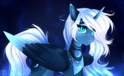Size: 1280x788 | Tagged: safe, artist:buvanybu, imported from derpibooru, princess luna, oc, alicorn, pony, alicorn oc, blue background, blue eyes, digital art, eyeshadow, feather, female, flowing mane, folded wings, glow, glowing eyes, horn, jewelry, logo, makeup, mare, necklace, night, simple background, solo, tail, white mane, white tail, wings